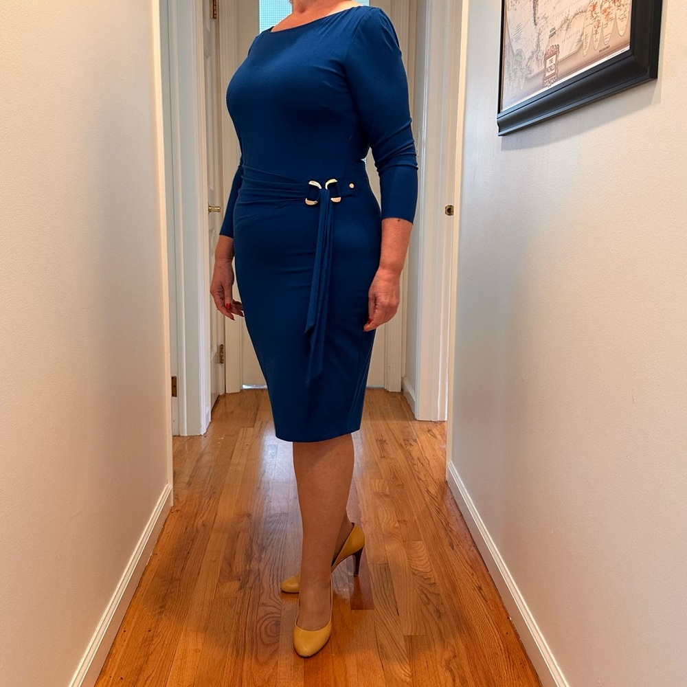 Cache Blue Ruched Wrap Sheath Dress